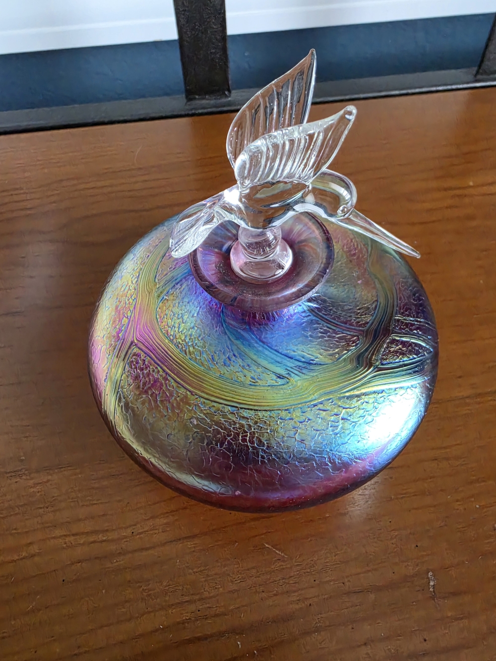 Vintage Royal Limited Iridescent Glass Perfume Bottle w/ Hummingbird Stopper